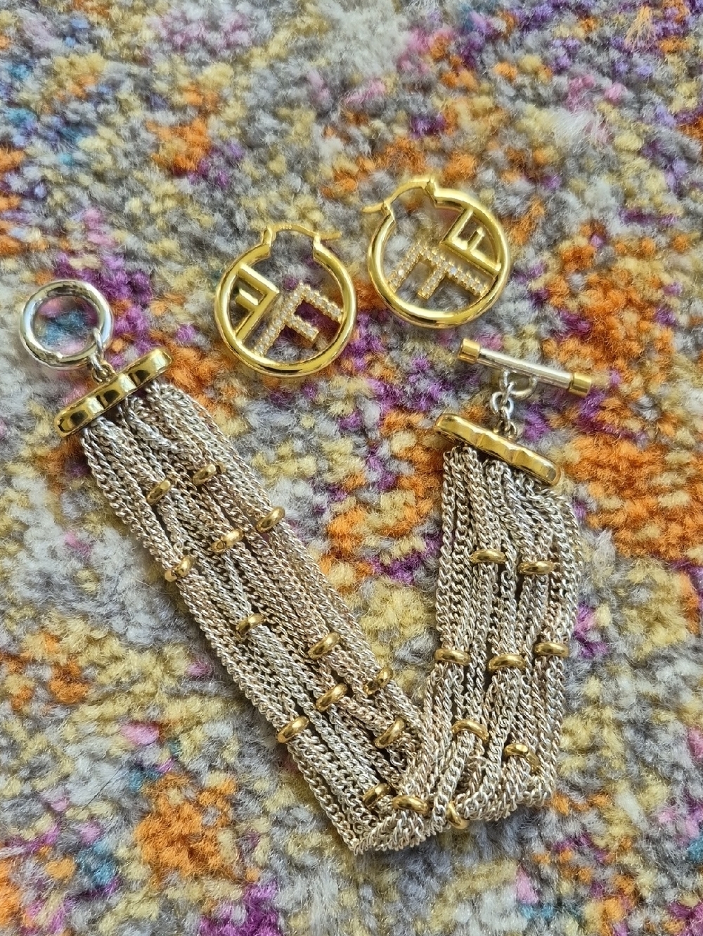 Gold-Tone Multi-Chain Bracelet with Hoop Earrings